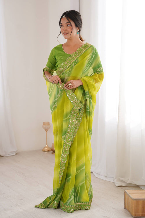 Border Work Georgette Chiffon Green Party Wear Saree