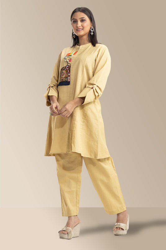 Exclusive Beige Color Cotton Fabric Solid Plain Relaxed Sleeves Readymade Co Ord Set