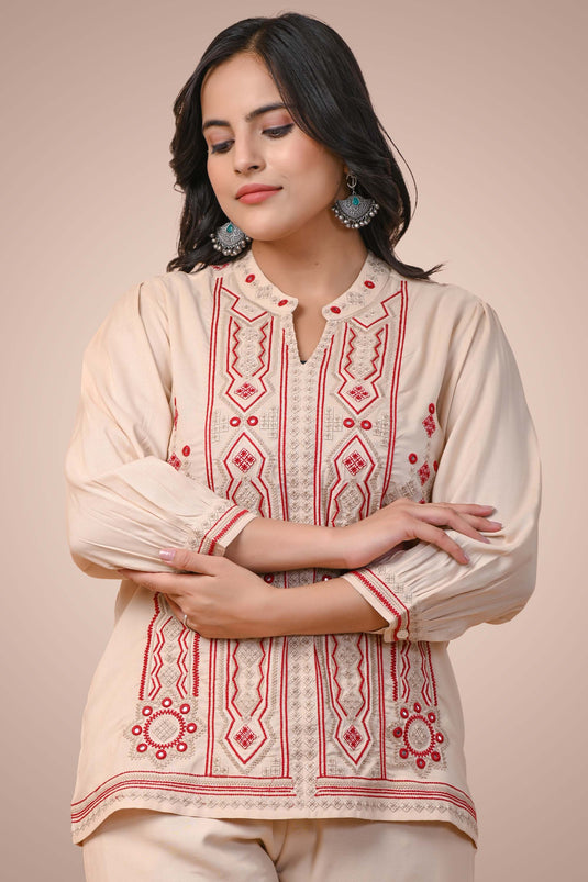 Exclusive Beige Color Cotton Fabric Embroidered Relaxed Sleeves Readymade Co Ord Set