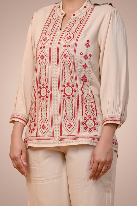 Exclusive Beige Color Cotton Fabric Embroidered Relaxed Sleeves Readymade Co Ord Set