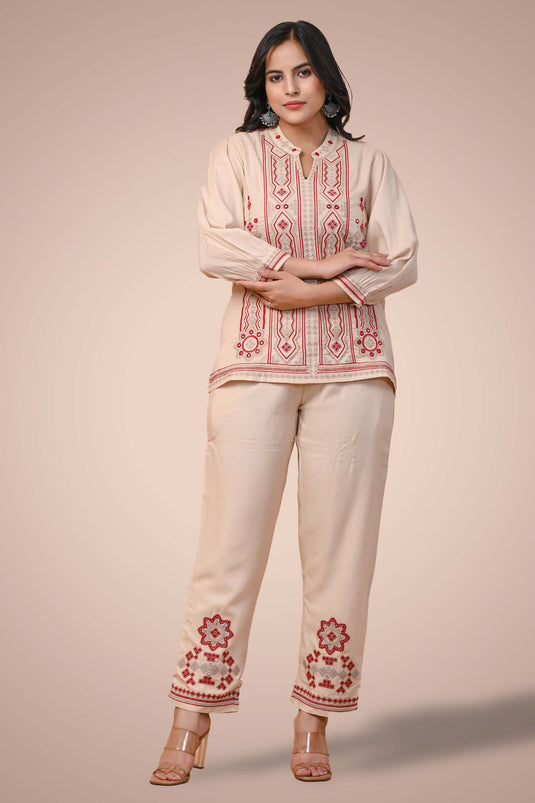 Exclusive Beige Color Cotton Fabric Embroidered Relaxed Sleeves Readymade Co Ord Set