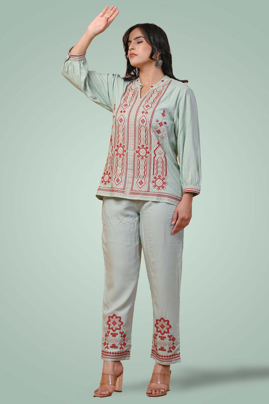 Exclusive Green Color Cotton Fabric Embroidered Comfortable Readymade Co Ord Set