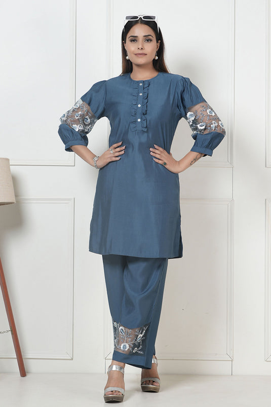 Exclusive Blue Grey Embroidered Tunic With Pant