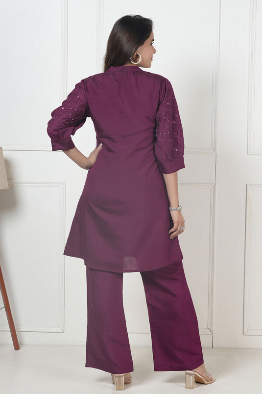 Exclusive Purple Wine Embroidered Viscose Tunic With Pant