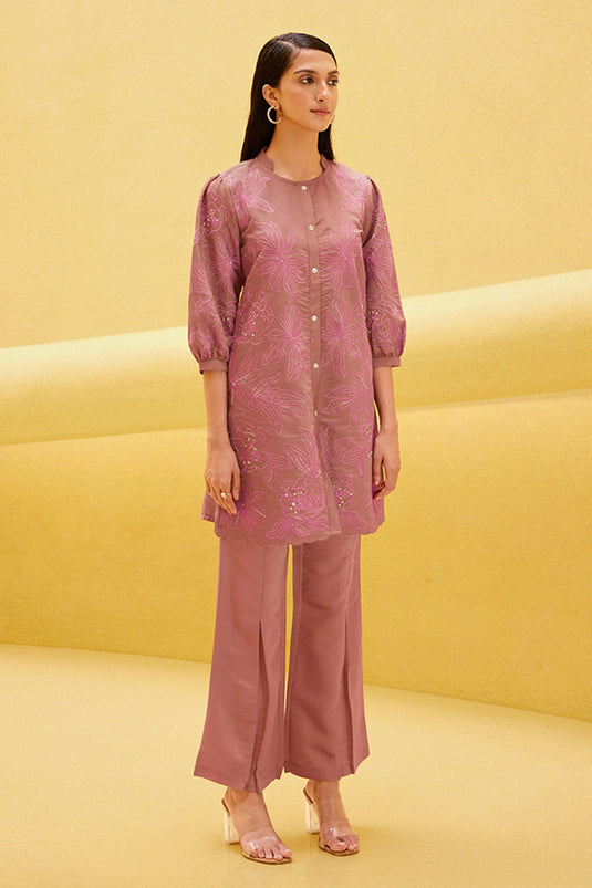 Exclusive Dusty Rose Embroidered Tunic With Flared Pant