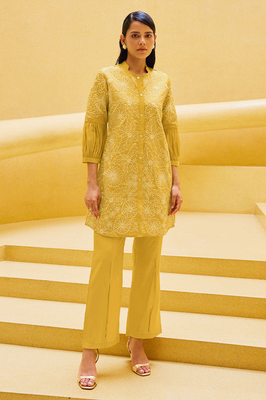 Exclusive Yellow Embroidered Viscose Tunic With Flared Pant