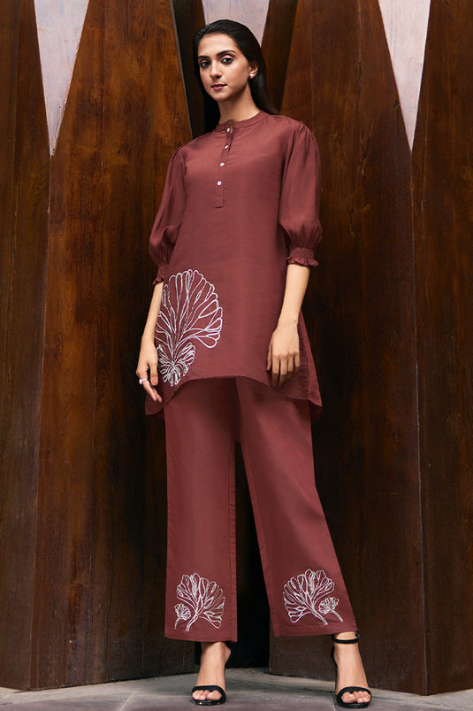 Exclusive Brick Red Embroidered Viscose Tunic With Pant