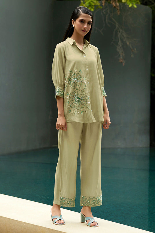 Exclusive Pista Green Embroidered Shirt With Pant