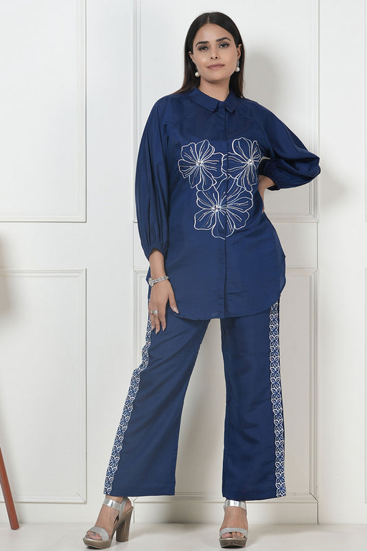 Exclusive Navy Blue Embroidered Shirt With Pant