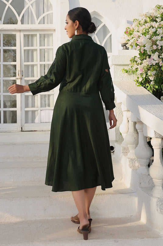 Exclusive Bottle Green Embroidered Flare Cotton Dress