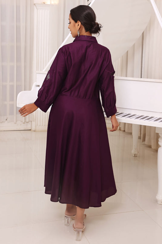 Exclusive Purple Embroidered Cotton Flared Dress