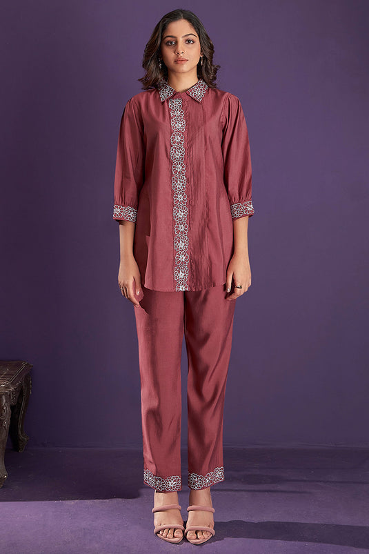 Exclusive Rust Embroidered Kurta With Pants