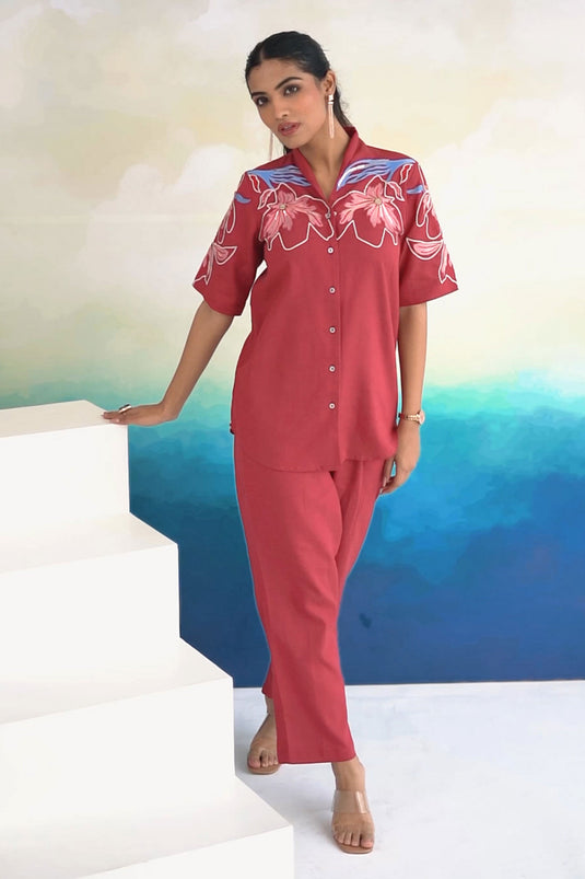 Exclusive Red Floral Twist Thread Embroidery Work Viscose Flex Tunic Shirt And Pant Co Ord Set