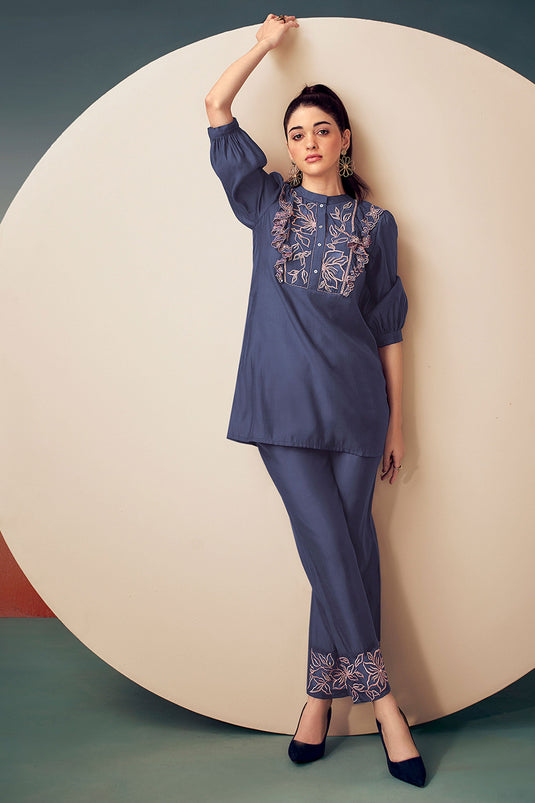 Exclusive Dark Purple Embroidered Tunic With Trouser