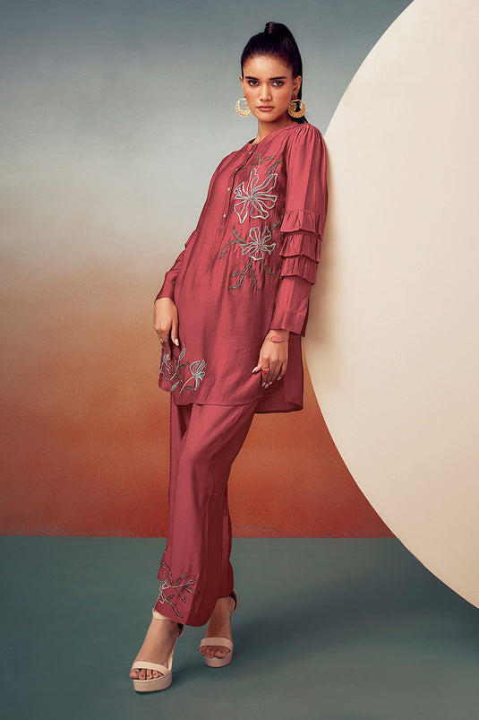 Exclusive Rusty Red Embroidered Tunic With Trouser Set