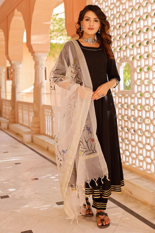 Beguiling Fancy Work On Black Color Rayon Fabric Readymade Suit