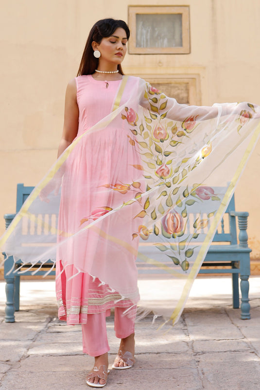 Incredible Fancy Work On Cotton Fabric Pink Color Readymade Suit