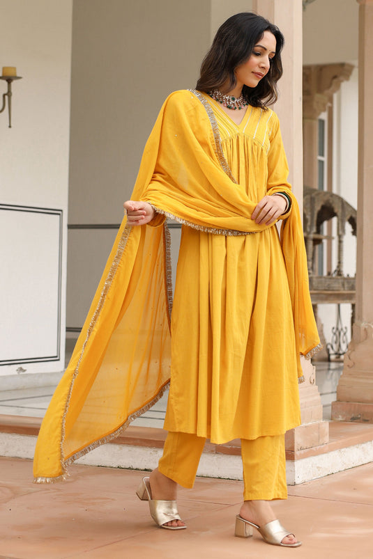 Marvellous Fancy Fabric Readymade Suit In Yellow Color