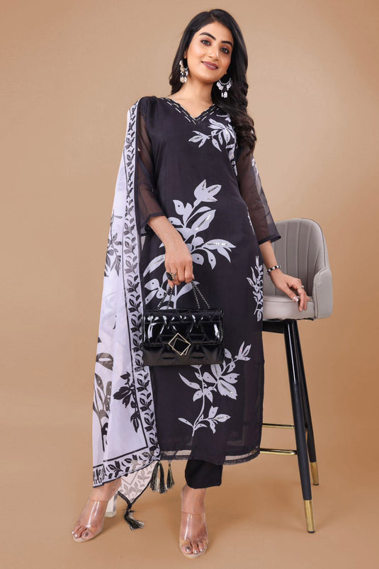 Black Color Function Wear Embroidered Readymade Salwar Suit In Organza Fabric