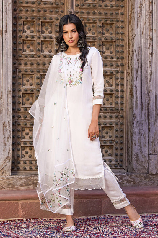 Viscose Fabric Function Wear Embroidered Readymade Salwar Kameez In White Color
