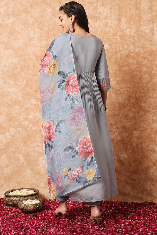 Grey Color Function Wear Embroidered Readymade Salwar Suit In Viscose Fabric