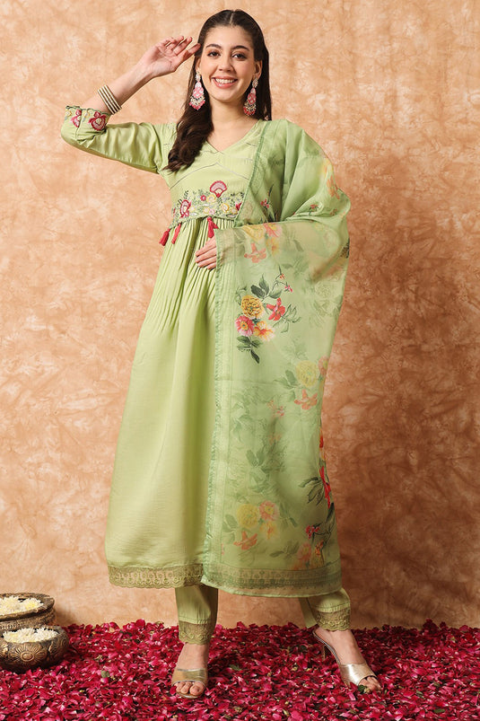 Embroidered Green Color Function Wear Readymade Suit In Viscose Fabric