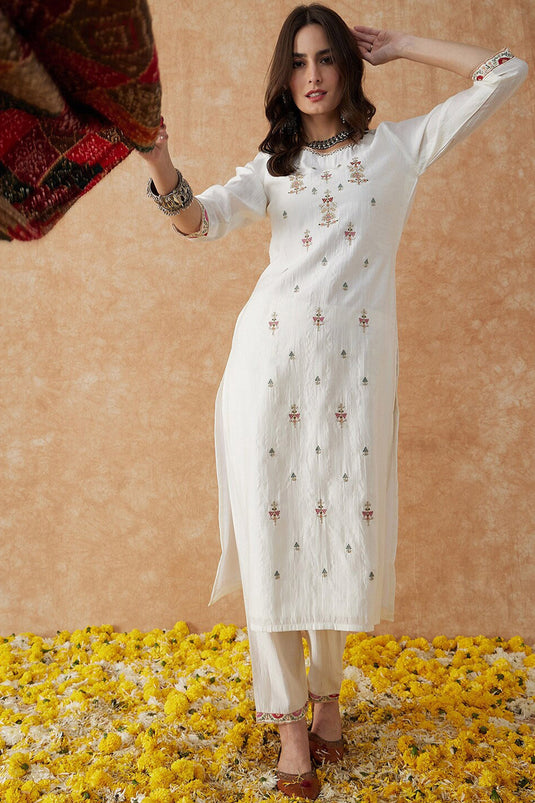 Function Wear Embroidered Readymade Salwar Suit In Chanderi Fabric White Color