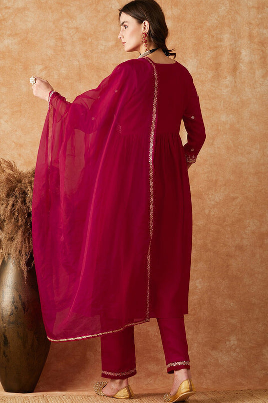 Embroidered Pink Color Function Wear Readymade Suit In Fancy Fabric