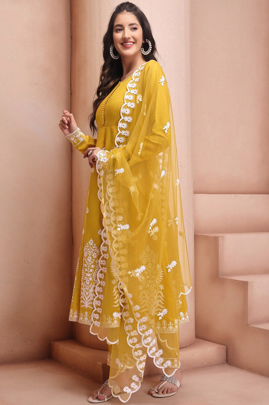 Viscose Fabric Yellow Color Function Wear Embroidered Readymade Dress
