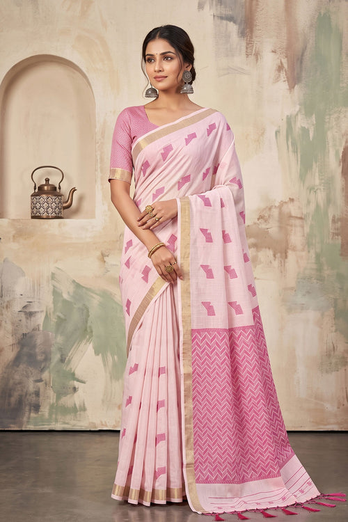 Delicate Border Work Linen Fabric Saree In Pink Color