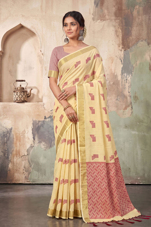 Border Work Attractive Linen Fabric Saree In Yellow Color