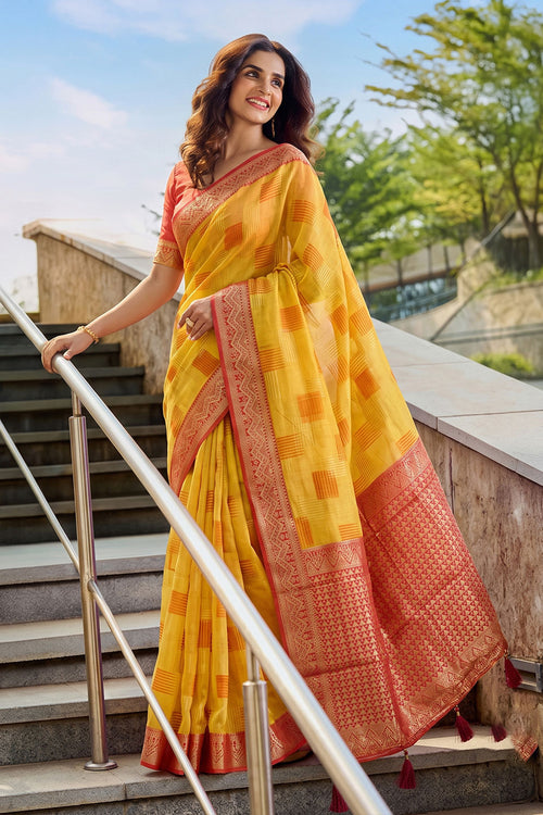 Linen Cotton Festive Style Yellow Color Saree