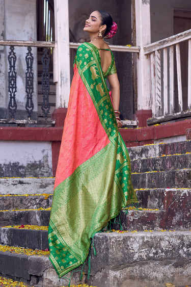 Amazing Weaving Work On Peach Color Silk Fabric Saree