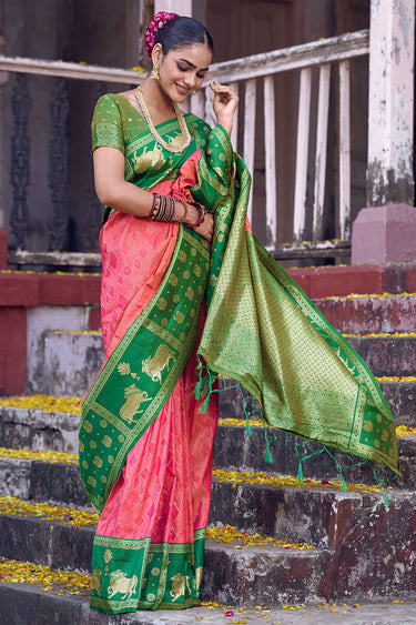 Amazing Weaving Work On Peach Color Silk Fabric Saree