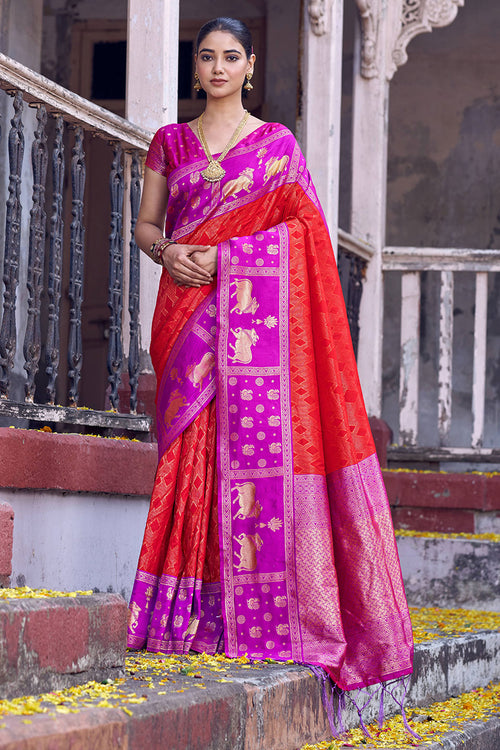 Red Color Weaving Work On Silk Fabric Chic Saree