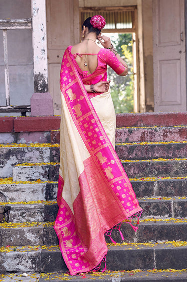 Festive Style Weaving Work On Cream Color Silk Fabric Saree