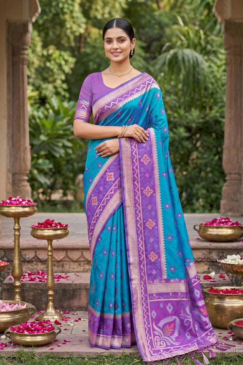 Festive Style Weaving Designs Cyan Color Silk Saree