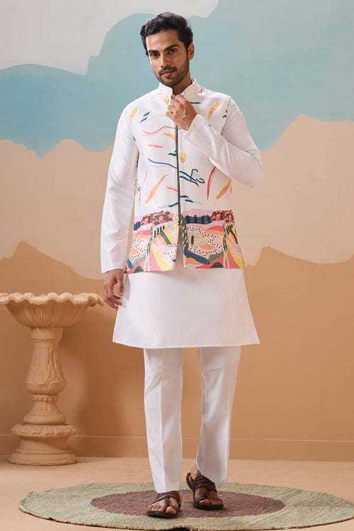 White Function Wear Readymade Men Stylish Kurta Pyjama With Jacket