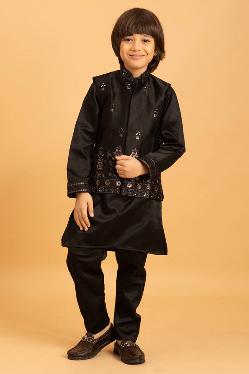 Black Satin Sangeet Function Wear Boys Designer Readymade Kurta Pyjama With Jacket
