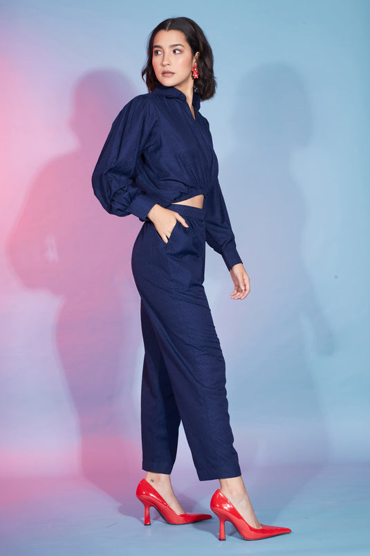 Exclusive Rayon Viscose Fabric Party Wear Designer Readymade Co-Ord Set In Navy Blue Color