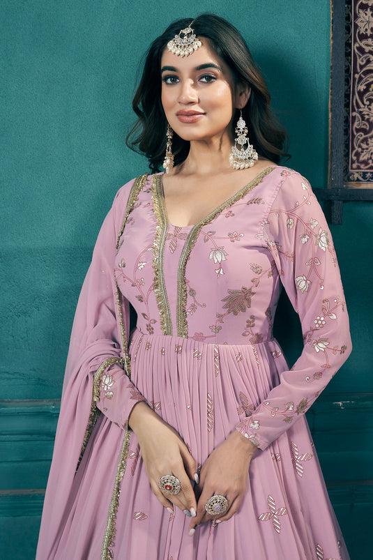 Pink Color Fashionable Readymade Gown With Dupatta In Georgette Fabric