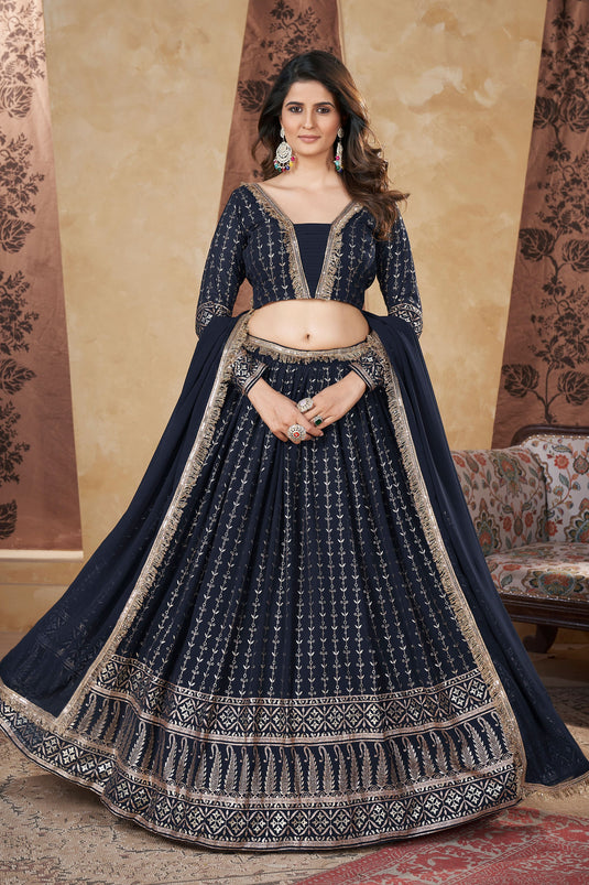 Exclusive Fancy Work On Navy Blue Color Readymade Lehenga In Georgette Fabric