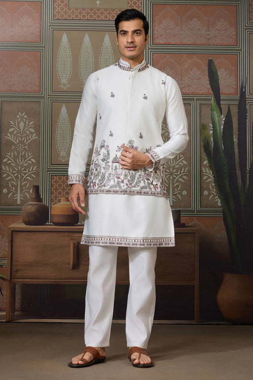 Fancy White Art Silk Function Wear Readymade Kurta Pyjama For Men With Jacket Set