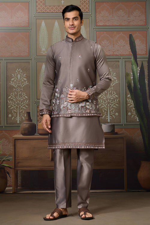 Gorgeous Grey Art Silk Function Wear Readymade Kurta Pyjama For Men With 3 Pcs Jacket Set