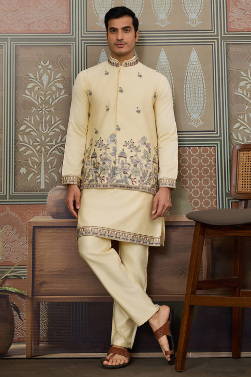 Lovely Art Silk Yellow Readymade Kurta Pyjama For Men With 3 Pcs Jacket Set