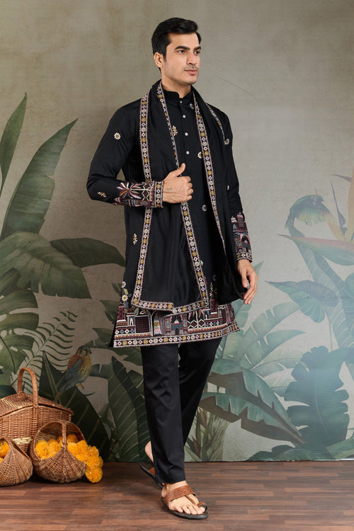 Black Embroidery Work Viscose Silk Readymade Men Kurta With Dupatta