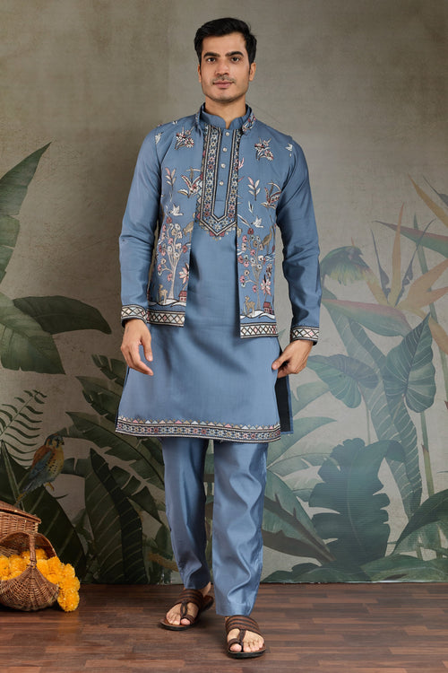 Fancy Blue Viscose Silk Sangeet Wear Readymade Kurta Pyjama For Men With Jacket Set