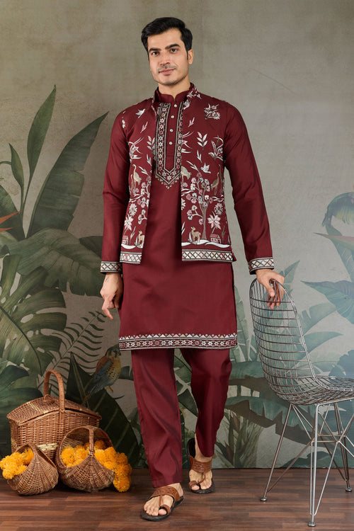 Stunning Maroon Sangeet Wear Readymade Men Kurta Pyjama With Jacket