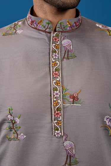 Viscose Silk Grey Sangeet Wear Readymade Designer Men Kurta