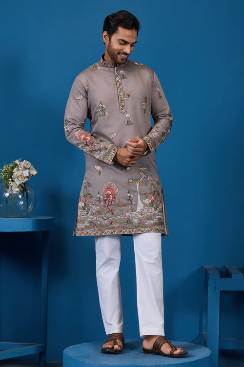 Viscose Silk Grey Sangeet Wear Readymade Designer Men Kurta